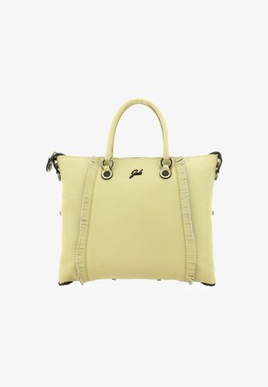 Borsa a mano in pelle gialla con doppi manici, caratterizzata da una superficie testurizzata, dettaglio di frange laterali e accenti in metallo nero.