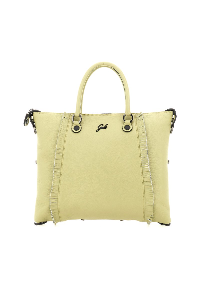 Borsa a mano in pelle gialla con doppi manici, caratterizzata da una superficie testurizzata, dettaglio di frange laterali e accenti in metallo nero.