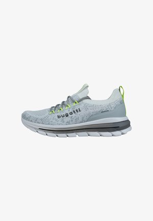 Light gray knit sneaker with white and gray sole, neon yellow accents, gray laces, and "bugatti" logo on the side.