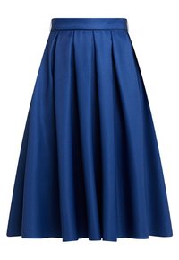 Sininen A-linjainen hame, jossa on laskoksia, valmistettu sileästä kankaasta. Ominaisuuksia on kapean vyötärönauhan lisäksi rento muoto, joka ulottuu polvitasolle. Ei näkyviä kuvioita.