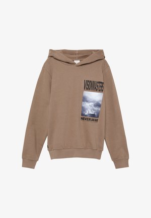 Brązowy hoodie wykonany z miękkiej tkaniny. Posiada grafikę na przodzie przedstawiającą krajobraz z tekstem. Zawiera ściągacz w kapturze i ribbowe mankiety.