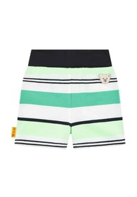Pantalones cortos a rayas con bandas verdes, blancas y negras; cintura elástica; presenta un aplique de oso en el frente; material de algodón.