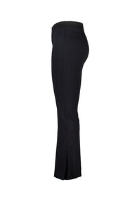 Zwarte, strakke leggings met een zachte textuur, een brede tailleband en zijsplits aan de zoom voor extra flexibiliteit en stijl.