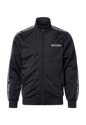 Schwarze Trainingsjacke mit Reißverschluss, "bruno banani" gebrandetes Band an den Ärmeln und Brustlogo, hohem Kragen und zwei Seitentaschen.
