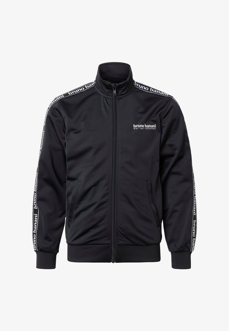 Veste de survêtement noire zippée avec bande à logo "bruno banani" sur les manches et logo sur la poitrine, col montant et deux poches latérales.