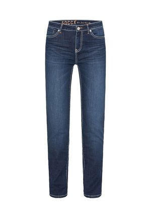 Dark blue denim jeans with a straight cut, five-pocket design, and contrasting white stitching. Features a button and zip fly closure.