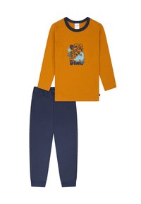 Langärmliges oranges Shirt mit einem blauen Dinosaurier-Design, kombiniert mit marineblauen Baumwollhosen. Einfaches Design, weicher Stoff, elastischer Bund.