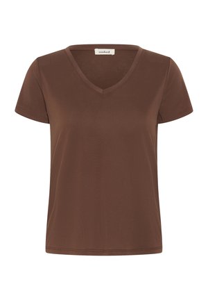 Brūna īsroku krekla T-krekls ar V veida kaklu, vienkāršu, gludu tekstūru un nelielu baltu etiķeti apkaklītes iekšpusē.