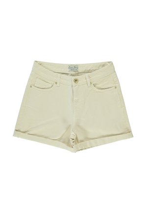 Beige katoenen shorts met een rechte snit, omgeslagen zoompjes, steekzakken aan de voorkant en een gouden knoopsluiting. Het label aan de binnenkant zegt "Cozy Juicy."