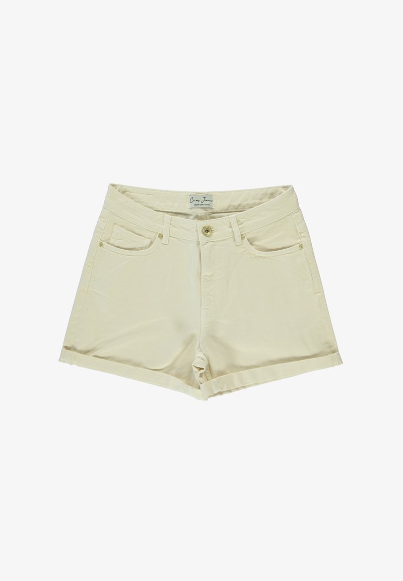 Beige katoenen shorts met een rechte snit, omgeslagen zoompjes, steekzakken aan de voorkant en een gouden knoopsluiting. Het label aan de binnenkant zegt "Cozy Juicy."