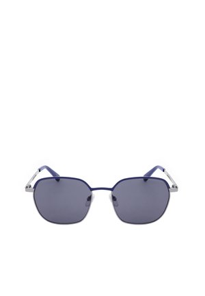 Occhiali da sole con montatura blu, lenti quadrate grigio scuro e aste argento poggiati su uno sfondo bianco.