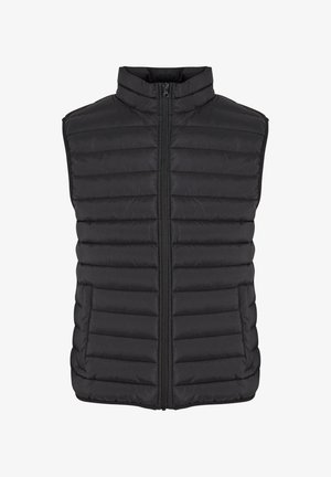 Sorte puffer vest med høj krave, frontlynlås og vandret quiltemønster. Letvægtsmateriale, uden ærmer og med sidelommer.