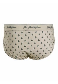 Beige Baumwollboxershorts mit einem wiederkehrenden Segelbootmuster in Dunkelgrün. Elastischer Bund mit dem in Schwarz gedruckten "Jack & Jones" Logo.
