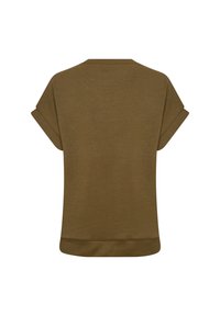 Top corto a maniche corte verde oliva con scollatura rotonda, caratterizzato da una texture liscia e orlo dritto, progettato con maniche arrotolate.