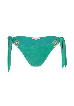 Culotte bikini turchese con una texture lucida, lacci laterali e hardware color oro con un accento turchese. Design morbido e aderente.