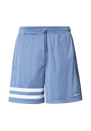 Shorts de sport bleu clair avec double rayures blanches près de l'ourlet et taille à cordon, arborant un petit logo "UNFAIR ATHL.".