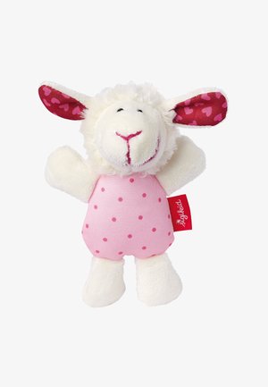 Stuffed sheep toy with a fluffy white body, pink polka-dot dress, and red patterned ears. Features a stitched face and a red fabric tag.