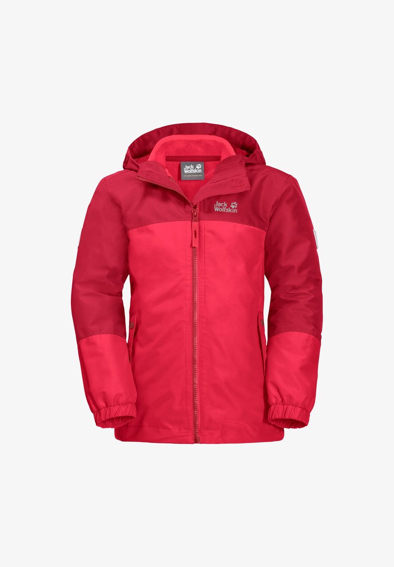 Rote wasserdichte Jacke mit Kapuze, ausgestattet mit einem kontrastierenden Oberteil, elastischen Bündchen und einem Frontreißverschluss. Logo auf der oberen linken Seite.