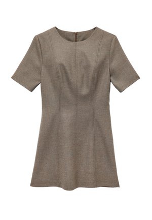 Braunes kurzärmeliges Kleid mit tailliertem Oberteil, ausgestelltem Rock und dezentem, strukturiertem Muster. Verfügt über einen Reißverschluss auf der Rückseite.