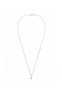 Collana in argento con un pendente ovale dotato di una pietra rosa chiaro. La catena ha una texture liscia e un design classico.