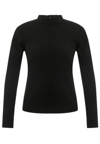 Schwarzes Langarmoberteil mit hohem Kragen, strukturiertem Stoff und dezentem Muster. Verfügt über einen Rückenschluss am Kragen und eine figurbetonte Silhouette.