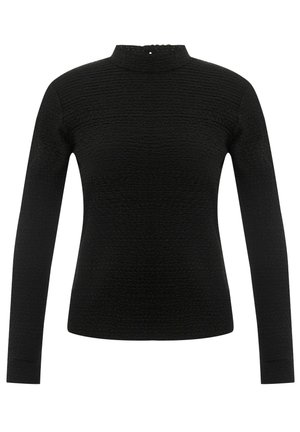 Schwarzes Langarmoberteil mit hohem Kragen, strukturiertem Stoff und dezentem Muster. Verfügt über einen Rückenschluss am Kragen und eine figurbetonte Silhouette.