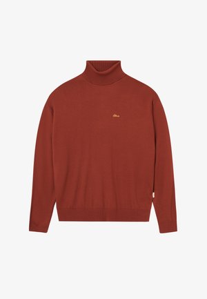 Rust-colored long-sleeve turtleneck sweater with small embroidered logo on chest and ribbed cuffs and hem, displayed flat on white background.