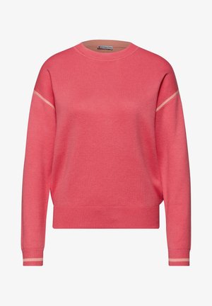 Korallenrosa Pullover mit langen Ärmeln, rundem Ausschnitt, gerippten Bündchen und Saum, mit helleren rosa Streifen an Ärmeln und Bündchen.