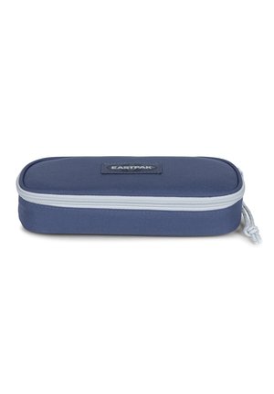 Blue rectangular pencil case made of durable fabric with a white zipper and a textured surface. Features a logo patch on the front.