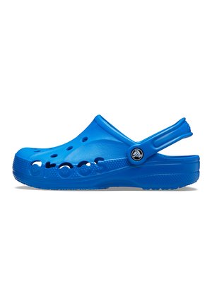 Blauwe plastic klompen met ventilatiegaten, achterkantbandje en 'Crocs' logo. Rond neu, gestructureerde zool en een glad oppervlak voor gemakkelijke reiniging.