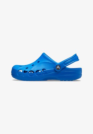 Blauwe plastic klompen met ventilatiegaten, achterkantbandje en 'Crocs' logo. Rond neu, gestructureerde zool en een glad oppervlak voor gemakkelijke reiniging.