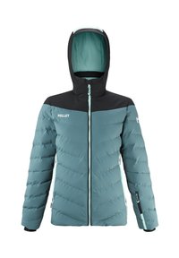 Doudoune turquoise avec un panneau d'épaule noir, fermeture éclair et capuche réglable. Possède un motif en chevrons et des poches latérales zippées.