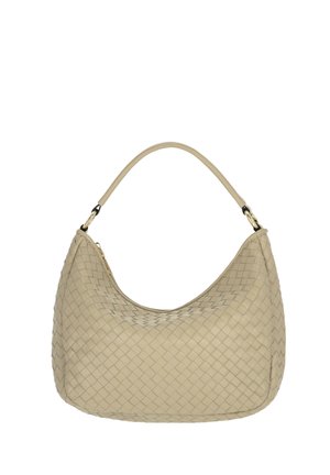 Beżowa skórzana torebka o plecionej teksturze, z pojedynczym paskiem i detalem złotego zamka błyskawicznego, prezentowana na jednolitym białym tle.