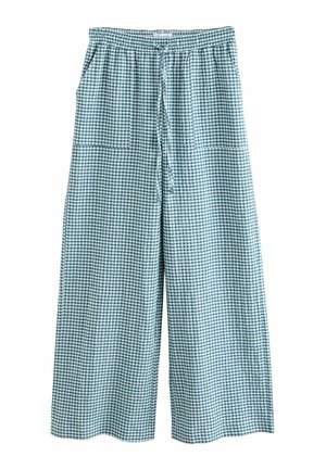 Lightweight cotton wide-leg trousers featuring a blue and white gingham pattern, elastic waistband, drawstring, and two front pockets.