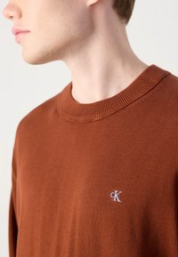 Maglione marrone a maglia con scollo rotondo a coste e un piccolo logo bianco sul petto. La texture del tessuto è liscia e delicata.
