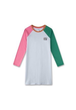 Langarm-T-Shirt mit einem weißen Körper, grünen und rosa Raglanärmeln sowie einem braunen Ausschnitt; "WINNERS CLUB"-Logo in Schwarz auf der Vorderseite.