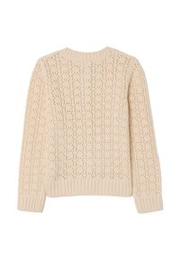 Strickpullover in Creme mit einem zarten Lochmuster, gerippten Bündchen und Saum, mit Rundhalsausschnitt und langen Ärmeln.