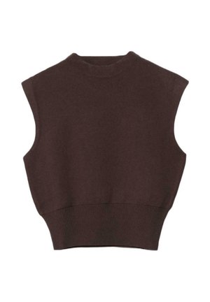 Brezzrokavnik temno rjave pletene jopice z okrolim izrezom in rebrastim robom za prilegajočo se pas.