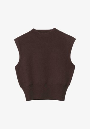 Ærmeløs, mørkebrun, strikket sweatervest med rund halsudskæring og ribkant i taljen for en tætsiddende pasform.