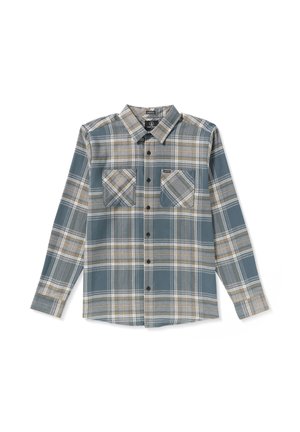 Gepaard flanellen shirt in tinten van blauw en crème, met een spread collar, lange mouwen en twee borstzakken met zwarte knopen.
