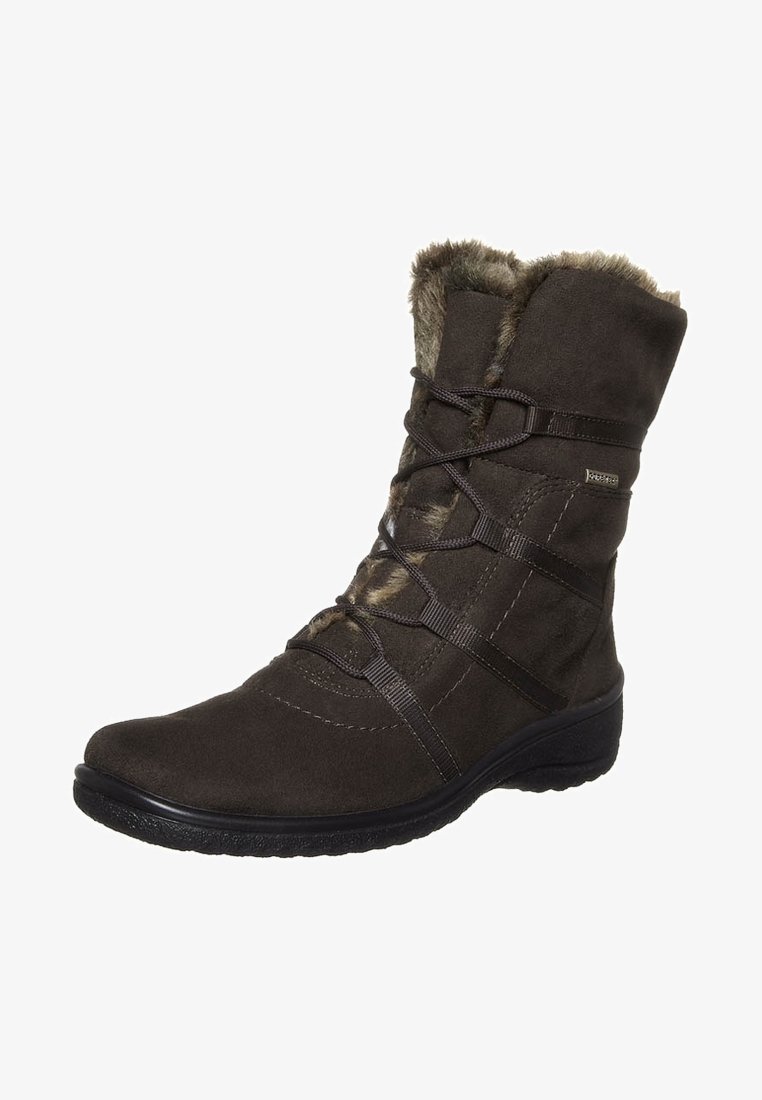 Botte d'hiver en daim brun foncé avec doublure en fourrure, design à lacets, et semelle en caoutchouc noire pour adhérence et confort.