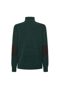 Grüner Rollkragenpullover aus weichem Strickstoff, mit dunkelbraunen Ellenbogenpatches und enganliegenden Ärmeln. Klassisches, minimalistisches Design.