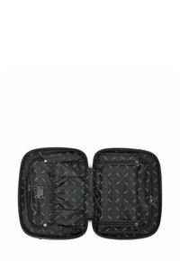 Borsa da viaggio rettangolare nera con chiusura a zip, caratterizzata da un esterno liscio e un interno nero a motivo con vari scomparti e elastici.