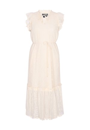 Cremefarbendes Spitzen-Midikleid mit gerafften Cap-Ärmeln, Bindeband am Ausschnitt, Taillengürtel und gestuftem Saumdetail.