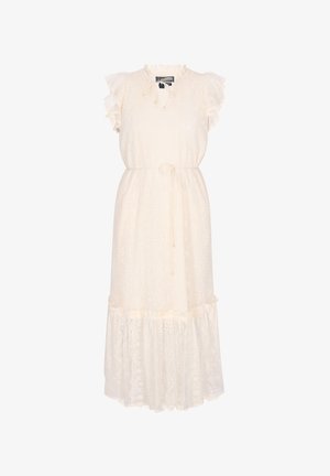 Cremefarbendes Spitzen-Midikleid mit gerafften Cap-Ärmeln, Bindeband am Ausschnitt, Taillengürtel und gestuftem Saumdetail.