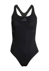 Black one-piece swimsuit with a sleek design, featuring a cross-back strap, textured detailing, and a subtle logo on the chest.