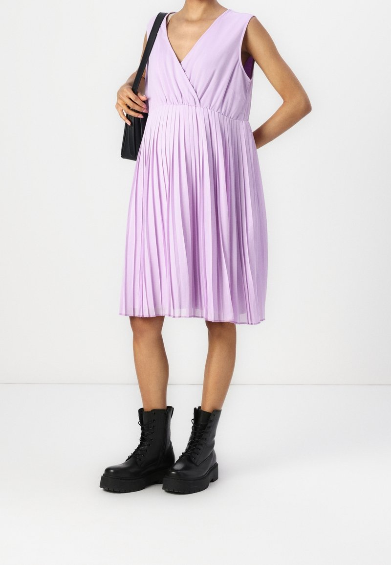pale coral bridesmaid dresses Lilac Striped Ruffle Accent Pinafore Maternity Midi Dress  PinkBlush