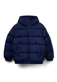 Námořnická modrá péřová bunda s kapucí, se zipem vpředu, elastickými manžetami, dvěma předními kapsami a prošívaným designem pro teplo.