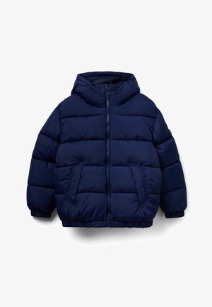 Námořnická modrá péřová bunda s kapucí, se zipem vpředu, elastickými manžetami, dvěma předními kapsami a prošívaným designem pro teplo.