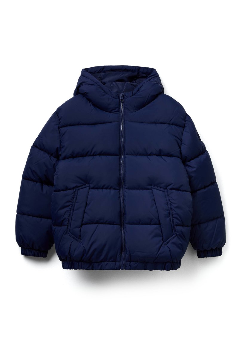 Námořnická modrá péřová bunda s kapucí, se zipem vpředu, elastickými manžetami, dvěma předními kapsami a prošívaným designem pro teplo.